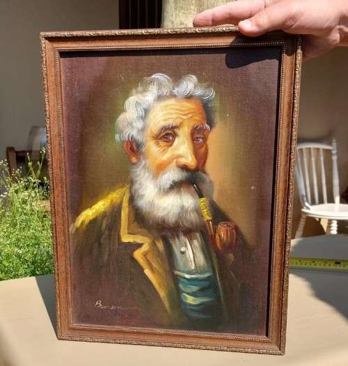OLD MAN WITH PIPE - ORIGINAL SIGNED `BENSON` OIL ON BOARD PAINTING SIZE (34CM W 44CM H)  FRAMED