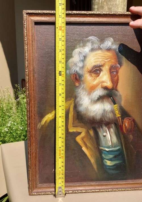 OLD MAN WITH PIPE - ORIGINAL SIGNED `BENSON` OIL ON BOARD PAINTING SIZE (34CM W 44CM H)  FRAMED