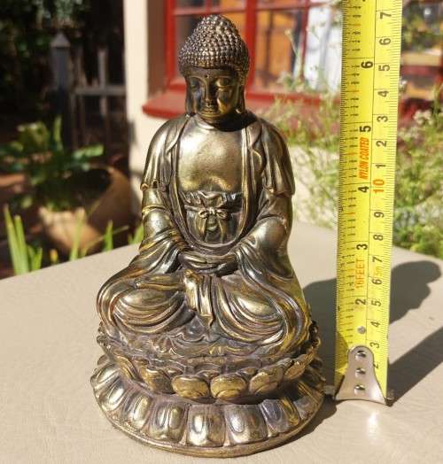BUDDHISM KUAN YIN (GODDESS OF MERCY) BRASS STATUE SITTING ON LOTUS FLOWER 18CM HIGH
