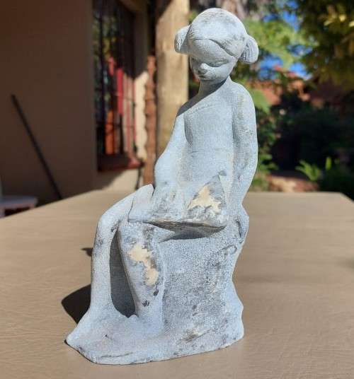 VERY OLD METALIC (NON MAGNETIC) FIGURINE GIRL WITH PIGTAILS FULLY COVERED IN A BLUE OXIDATION PATINA
