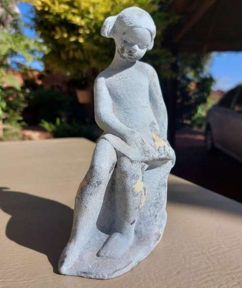 VERY OLD METALIC (NON MAGNETIC) FIGURINE GIRL WITH PIGTAILS FULLY COVERED IN A BLUE OXIDATION PATINA