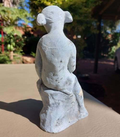 VERY OLD METALIC (NON MAGNETIC) FIGURINE GIRL WITH PIGTAILS FULLY COVERED IN A BLUE OXIDATION PATINA