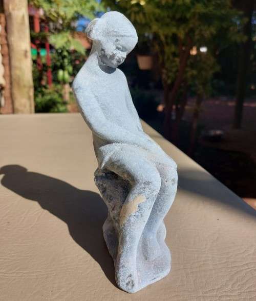 VERY OLD METALIC (NON MAGNETIC) FIGURINE GIRL WITH PIGTAILS FULLY COVERED IN A BLUE OXIDATION PATINA