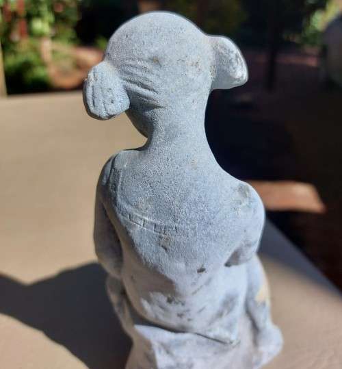 VERY OLD METALIC (NON MAGNETIC) FIGURINE GIRL WITH PIGTAILS FULLY COVERED IN A BLUE OXIDATION PATINA