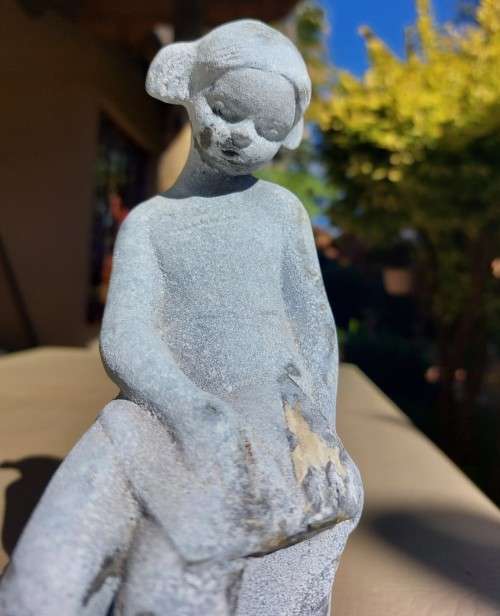 VERY OLD METALIC (NON MAGNETIC) FIGURINE GIRL WITH PIGTAILS FULLY COVERED IN A BLUE OXIDATION PATINA