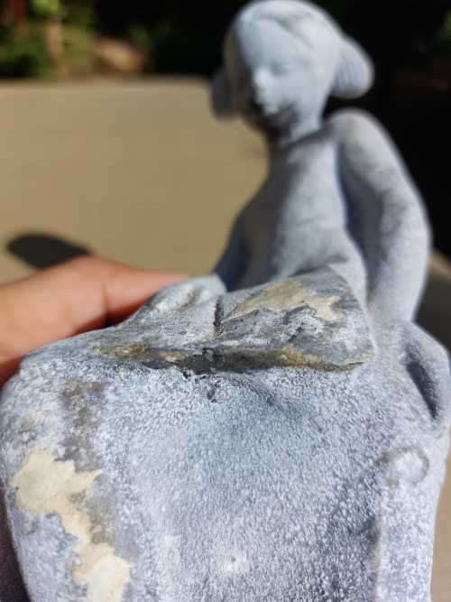 VERY OLD METALIC (NON MAGNETIC) FIGURINE GIRL WITH PIGTAILS FULLY COVERED IN A BLUE OXIDATION PATINA