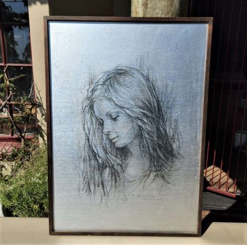 LOVELY 1971 PORTRAIT BY ITALIAN ARTIST GUISEPPI TARANTINO (1916-1999)  A SILVER CARDBOARD SERIGRAPH