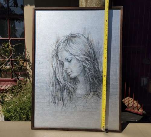 LOVELY 1971 PORTRAIT BY ITALIAN ARTIST GUISEPPI TARANTINO (1916-1999)  A SILVER CARDBOARD SERIGRAPH