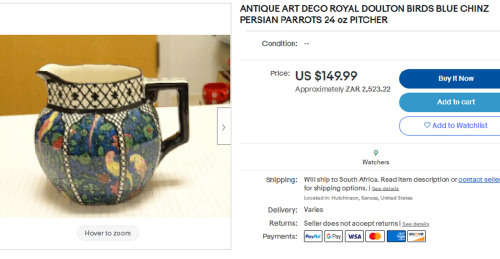 ANTIQUE 100 YEARS OLD ROYAL DOULTON WATER JUG IN THE PERSIAN CHINTZ PARROT BIRDS PATTERN D4031