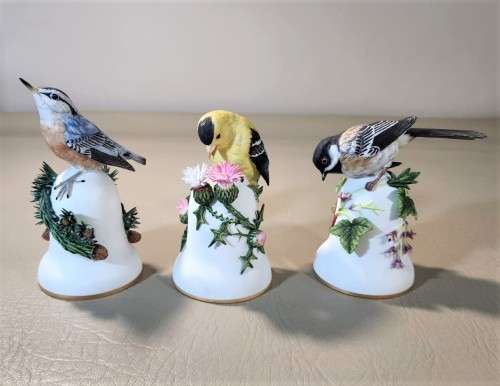 THREE (3) VINTAGE 1980S FRANKLIN MINT PETER BARRETT BISQUE HAND PAINTED PORCELAIN BIRD BELLS