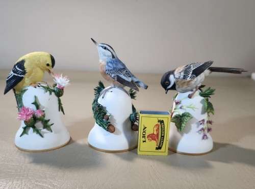 THREE (3) VINTAGE 1980S FRANKLIN MINT PETER BARRETT BISQUE HAND PAINTED PORCELAIN BIRD BELLS