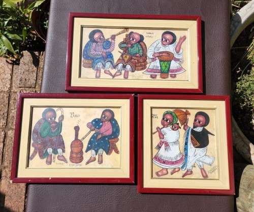 THREE ETHIOPIAN OIL PAINTING DEPICTING CULTURAL LIFE  ORIGINAL - FRAMED