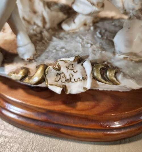 CUTE VINTAGE ITALIAN AURO BELCARI RESIN AND MARBLE STATUE YOUNG BOY TAKING PICTURE OF YOUNG GIRL