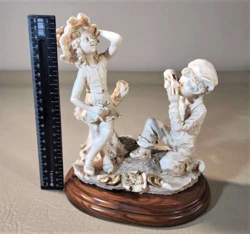 CUTE VINTAGE ITALIAN AURO BELCARI RESIN AND MARBLE STATUE YOUNG BOY TAKING PICTURE OF YOUNG GIRL