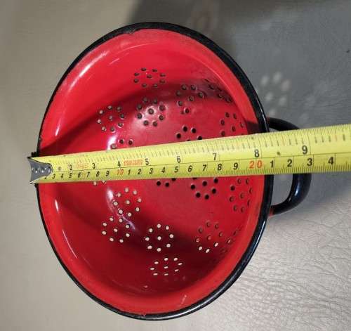 RED 1960S HUTA SILESIA POLAND (BOILER POT LOGO) ENAMEL COLANDER BOWL AND MILK POT