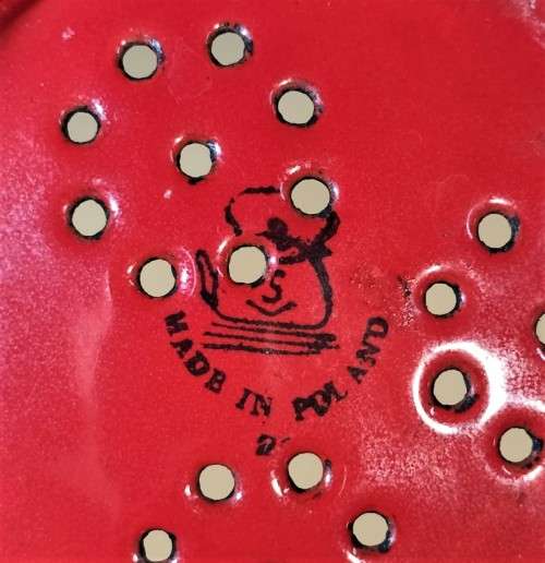 RED 1960S HUTA SILESIA POLAND (BOILER POT LOGO) ENAMEL COLANDER BOWL AND MILK POT