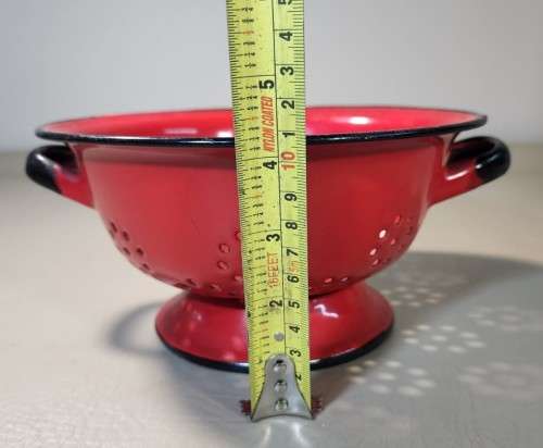 RED 1960S HUTA SILESIA POLAND (BOILER POT LOGO) ENAMEL COLANDER BOWL AND MILK POT