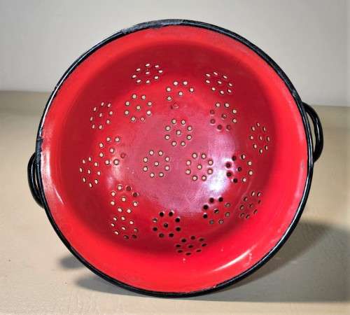 RED 1960S HUTA SILESIA POLAND (BOILER POT LOGO) ENAMEL COLANDER BOWL AND MILK POT
