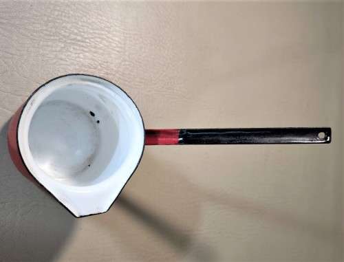 RED 1960S HUTA SILESIA POLAND (BOILER POT LOGO) ENAMEL COLANDER BOWL AND MILK POT