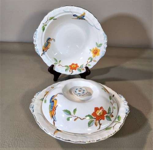 RARELY SEEN GRINDLEY ENGLAND 1940S KING FISHER HAND PAINTED PATTERN EARTHENWARE 12 PIECE SET