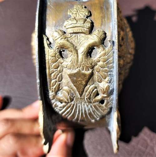 OLD BALKAN - GREEK BRASS GUN POWDER FLASK WITH DOUBLE-HEADED CROWNED BYZANTINE EAGLES