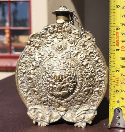 OLD BALKAN - GREEK BRASS GUN POWDER FLASK WITH DOUBLE-HEADED CROWNED BYZANTINE EAGLES