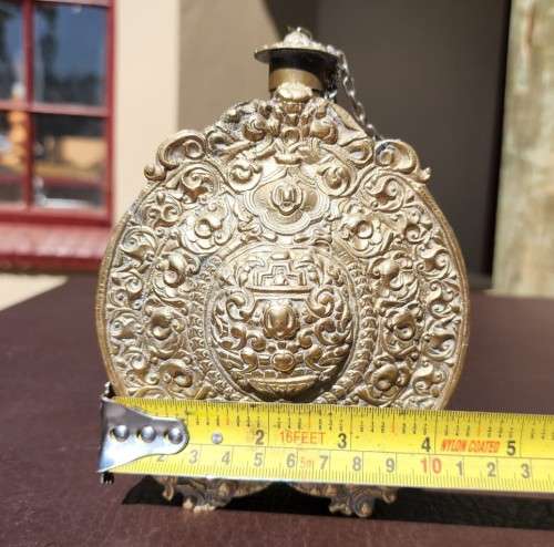 OLD BALKAN - GREEK BRASS GUN POWDER FLASK WITH DOUBLE-HEADED CROWNED BYZANTINE EAGLES