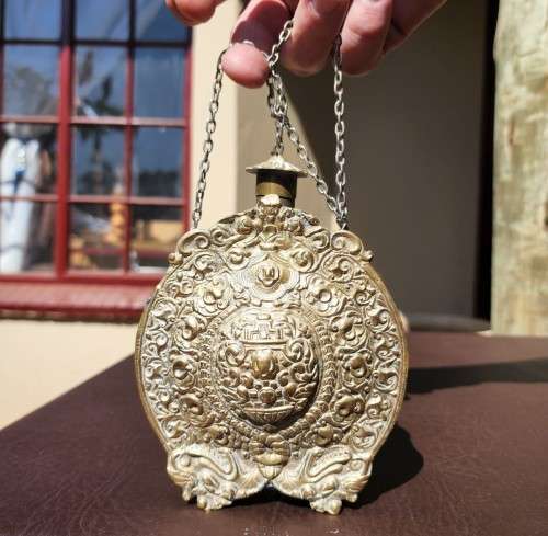 OLD BALKAN - GREEK BRASS GUN POWDER FLASK WITH DOUBLE-HEADED CROWNED BYZANTINE EAGLES