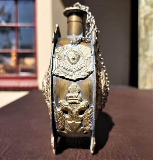 OLD BALKAN - GREEK BRASS GUN POWDER FLASK WITH DOUBLE-HEADED CROWNED BYZANTINE EAGLES