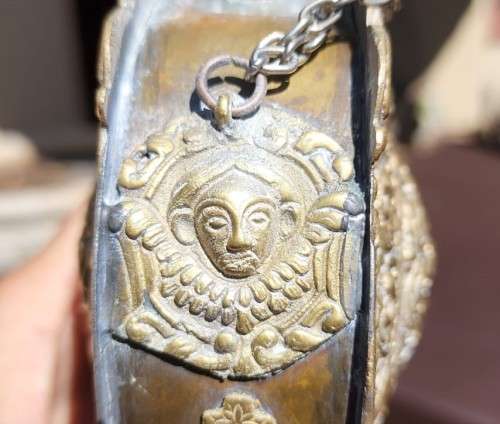 OLD BALKAN - GREEK BRASS GUN POWDER FLASK WITH DOUBLE-HEADED CROWNED BYZANTINE EAGLES