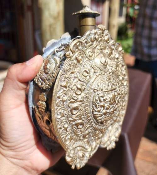 OLD BALKAN - GREEK BRASS GUN POWDER FLASK WITH DOUBLE-HEADED CROWNED BYZANTINE EAGLES