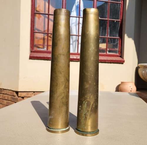 TWO VINTAGE (1953 AND 1965) 40MM MK4 BOFORS ANTI-AIRCRAFT BRITISH BRASS SHELL CASINGS