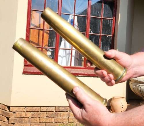 TWO VINTAGE (1953 AND 1965) 40MM MK4 BOFORS ANTI-AIRCRAFT BRITISH BRASS SHELL CASINGS