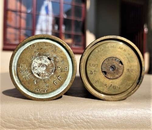 TWO VINTAGE (1953 AND 1965) 40MM MK4 BOFORS ANTI-AIRCRAFT BRITISH BRASS SHELL CASINGS