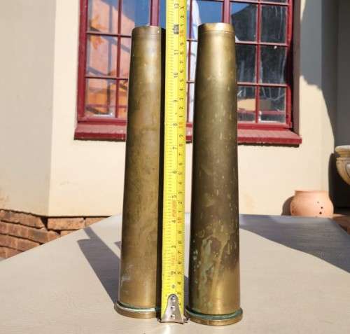 TWO VINTAGE (1953 AND 1965) 40MM MK4 BOFORS ANTI-AIRCRAFT BRITISH BRASS SHELL CASINGS