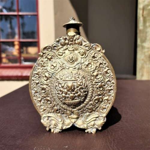 OLD BALKAN - GREEK BRASS GUN POWDER FLASK WITH DOUBLE-HEADED CROWNED BYZANTINE EAGLES