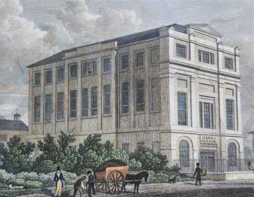 ANTIQUE 1820S SHEPHERD DESIGN AND McCLATCHIE ENGRAVED PRINT WITH SOME HAND COLOURING  BUILDING