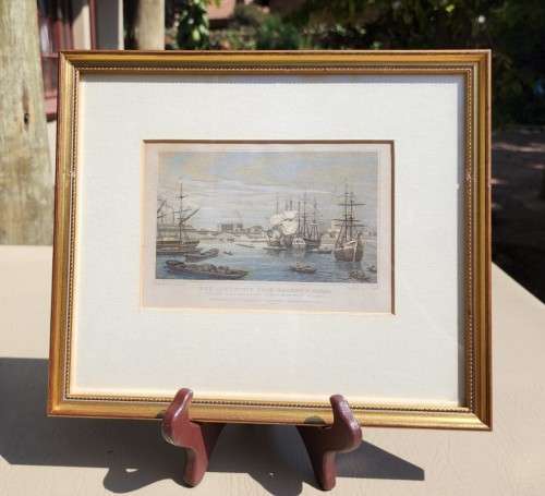 A 200  YEAR OLD 1820S ENGRAVING - LIMEHOUSE DOCKS LONDON - WITH SOME HAND COLOURING