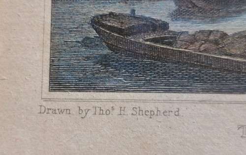 A 200  YEAR OLD 1820S ENGRAVING - LIMEHOUSE DOCKS LONDON - WITH SOME HAND COLOURING