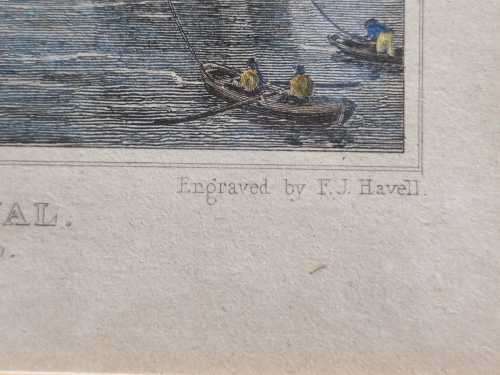A 200  YEAR OLD 1820S ENGRAVING - LIMEHOUSE DOCKS LONDON - WITH SOME HAND COLOURING