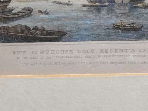 A 200  YEAR OLD 1820S ENGRAVING - LIMEHOUSE DOCKS LONDON - WITH SOME HAND COLOURING