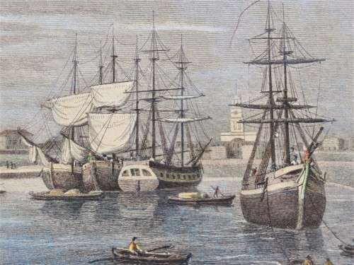 A 200  YEAR OLD 1820S ENGRAVING - LIMEHOUSE DOCKS LONDON - WITH SOME HAND COLOURING