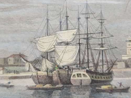 A 200  YEAR OLD 1820S ENGRAVING - LIMEHOUSE DOCKS LONDON - WITH SOME HAND COLOURING