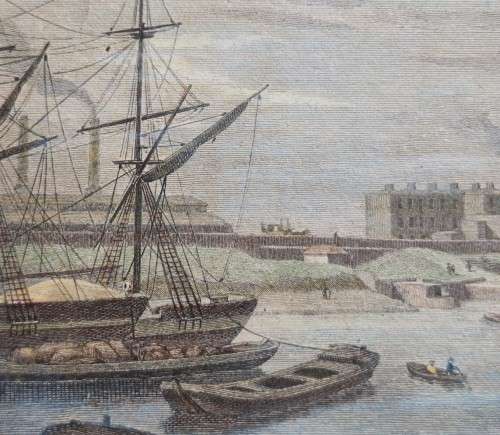 A 200  YEAR OLD 1820S ENGRAVING - LIMEHOUSE DOCKS LONDON - WITH SOME HAND COLOURING