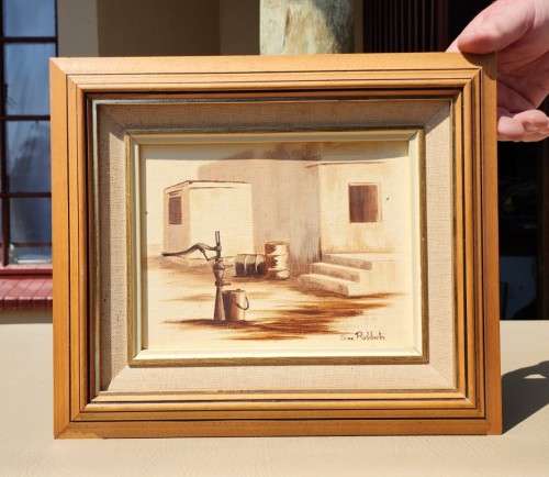 SA ARTIST ANNA ROBBERTS REALISTIC OIL ON CANVAS ARID FARMHOUSE WITH HAND WATER PUMP IN FOREGROUND
