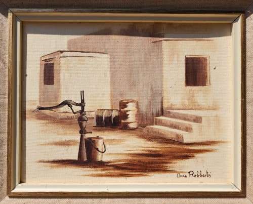SA ARTIST ANNA ROBBERTS REALISTIC OIL ON CANVAS ARID FARMHOUSE WITH HAND WATER PUMP IN FOREGROUND
