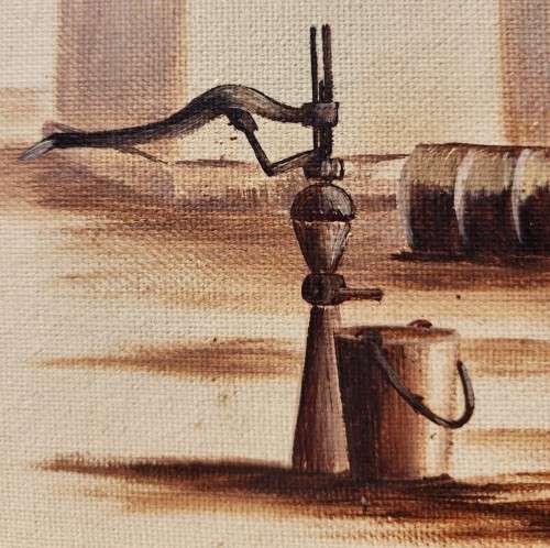 SA ARTIST ANNA ROBBERTS REALISTIC OIL ON CANVAS ARID FARMHOUSE WITH HAND WATER PUMP IN FOREGROUND