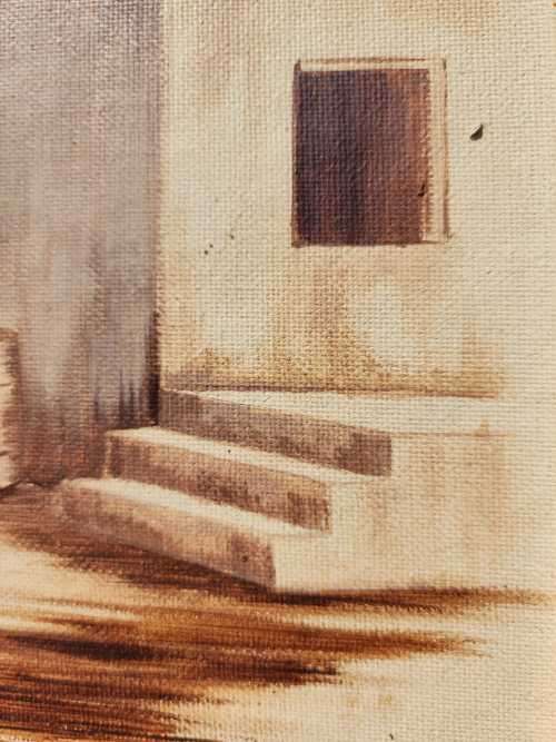 SA ARTIST ANNA ROBBERTS REALISTIC OIL ON CANVAS ARID FARMHOUSE WITH HAND WATER PUMP IN FOREGROUND