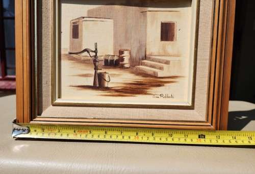 SA ARTIST ANNA ROBBERTS REALISTIC OIL ON CANVAS ARID FARMHOUSE WITH HAND WATER PUMP IN FOREGROUND