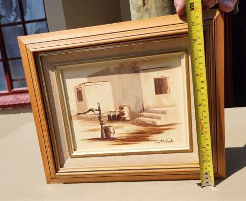 SA ARTIST ANNA ROBBERTS REALISTIC OIL ON CANVAS ARID FARMHOUSE WITH HAND WATER PUMP IN FOREGROUND